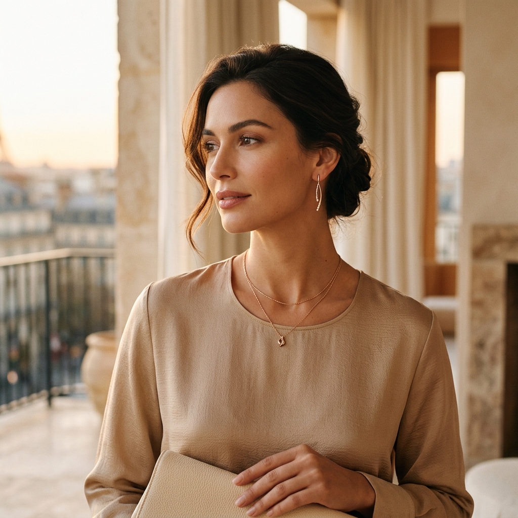 Premium Fashion Accessories model wearing rose gold hoop earrings and chain necklace
